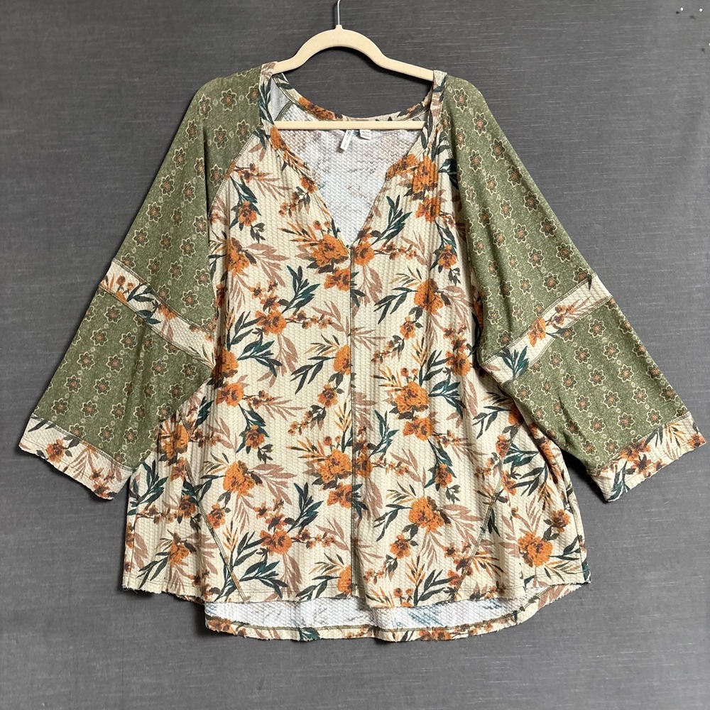 Cato Top 26/28W Green Orange Floral Tunic Waffle Thermal Fall Boho T Shirt